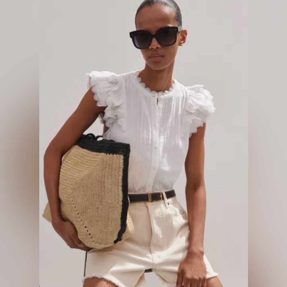 ME+EM 4 Cheesecloth Ruffle Short Sleeve Top Blouse Elevated Frill Soft White EUC